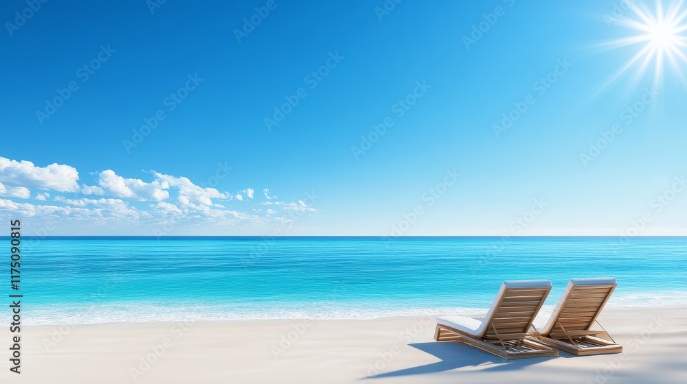 Serene Beach Scene With Sunlit Waters and Lounge Chairs - Tranquil beach scene, sunlit waters, two lounge chairs, relaxation, summer vacation. Symbolizing peace, serenity, escape, bliss, and tranquil Serene Beach Scene With Sunlit Waters and Lounge Chairs - Tranquil beach scene, sunlit waters, two lounge chairs, relaxation, summer vacation. Symbolizing peace, serenity, escape, bliss, and tranquil