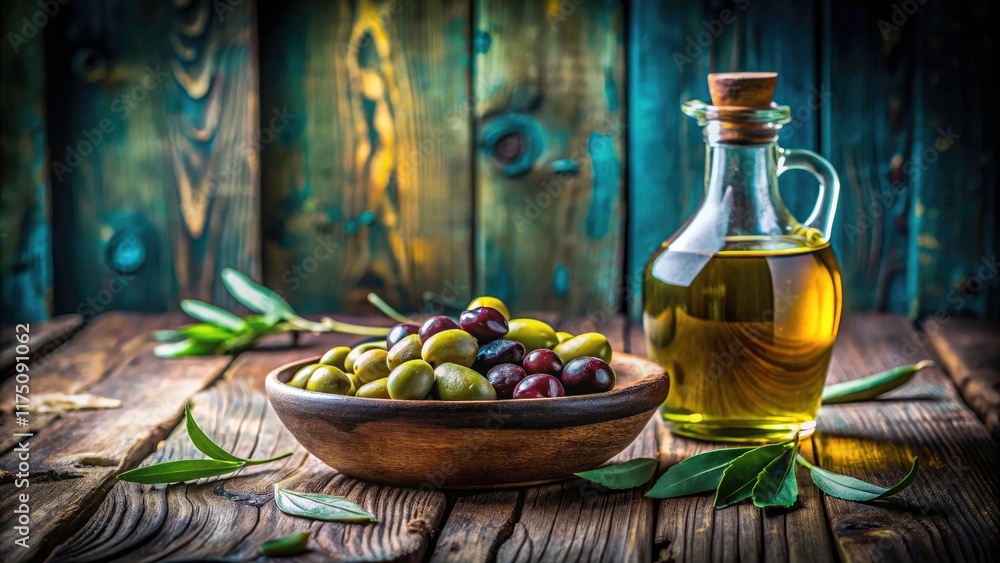 Tilt-shift photography captures rustic olive oil and olives; ideal background with generous copy space. Tilt-shift photography captures rustic olive oil and olives; ideal background with generous copy space.