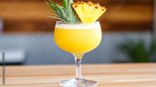 Refreshing Pineapple Cocktail with Tropical Garnish - A vibrant yellow pineapple cocktail, garnished with a pineapple wedge and tropical leaves.  Symbolizing summer, refreshment,  vacation, tropical p photo