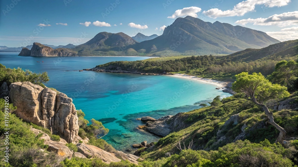 Tranquil Beach with Turquoise Waters, Hills, and Palm Trees V4 Tranquil Beach with Turquoise Waters, Hills, and Palm Trees V4