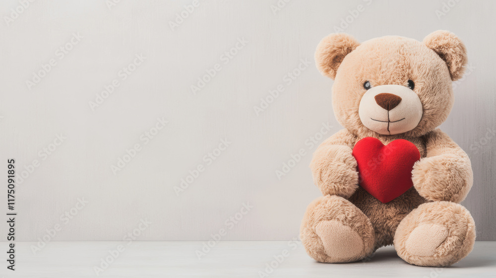 Obraz premium plush teddy bear holding red heart, symbolizing love and affection. This soft stuffed animal is perfect for gifts and decorations, evoking warmth and comfort