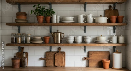 Rustic kitchen shelves, Terracotta pots, White ceramic dishes, Glass jars, Wooden cutting board, Potted herbs, Minimalist storage, Open shelving, Neutral color palette, Natural textures, Brick wall ba photo