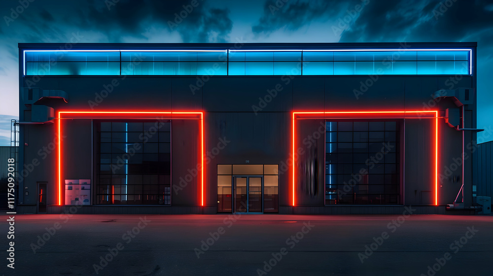 A front view of a grey warehouse at night, illuminated with neon lights and a modern vibe A front view of a grey warehouse at night, illuminated with neon lights and a modern vibe
