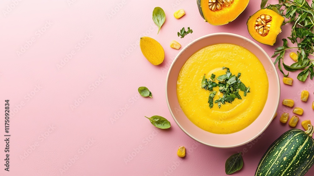 Creamy Squash Soup with Fresh Herbs and Vegetables on Pink Surface Creamy Squash Soup with Fresh Herbs and Vegetables on Pink Surface