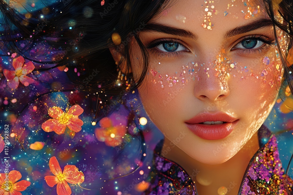 Close-up portrait of a young woman with glitter makeup and flowers Ideal for beauty fashion or fantasy themes High-resolution image Close-up portrait of a young woman with glitter makeup and flowers Ideal for beauty fashion or fantasy themes High-resolution image