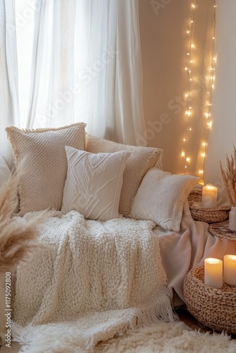 Cozy seating area, warm lighting, textured blankets, candles.