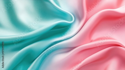 Blue-green satin silk with gradient pink and wavy folds, creating a shiny, elegant fabric background with ample space for creative design