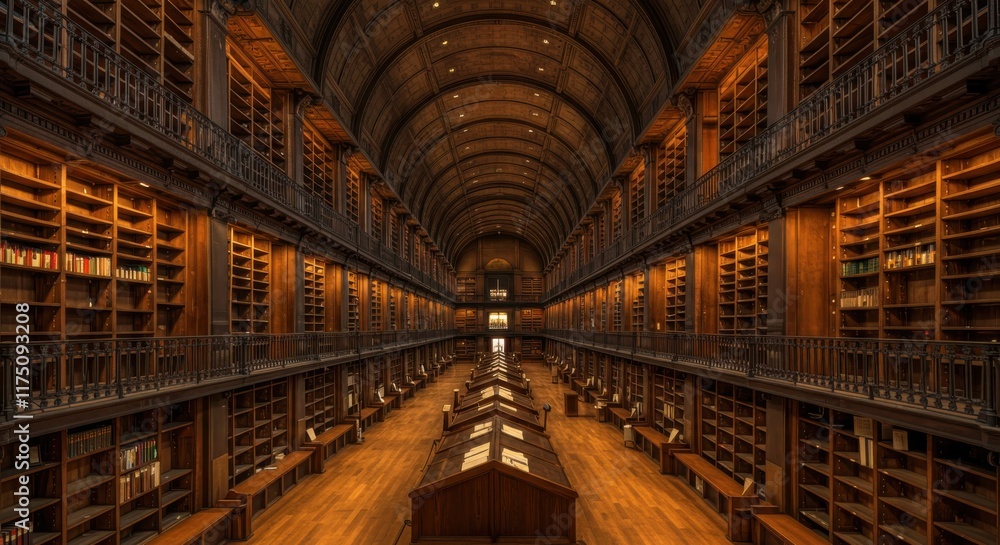 Fototapeta premium Ancient library, grand arched ceiling, long corridor, rows of bookshelves, wooden desks, warm lighting, historical ambiance, ornate architecture, symmetrical composition, sepia tones, knowledge reposi
