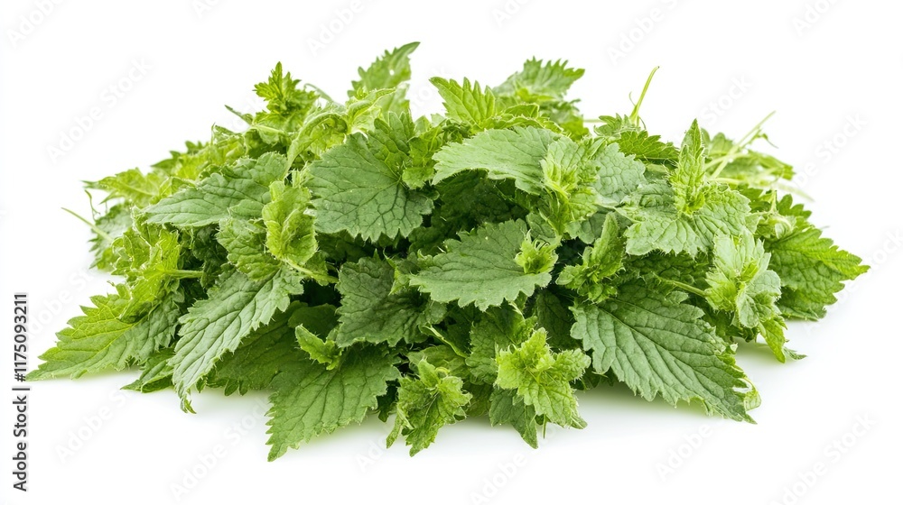 Fresh stinging nettle leaves on white background, food ingredient, healthy eating. Fresh stinging nettle leaves on white background, food ingredient, healthy eating.