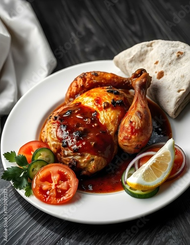 full grilled chicken with gravy, with rumali bread , on a white plate, with tomato, onion, cucumber, one piece sliced lemon (3) photo