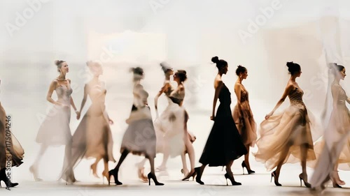 Elegant Models on Fashion Runway Showcasing Dynamic Abstract Designs and Fashion Trends