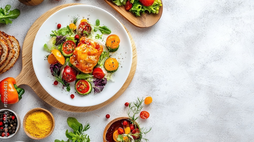 Colorful Fresh Salad with Grilled Chicken and Vegetables on Plate Colorful Fresh Salad with Grilled Chicken and Vegetables on Plate