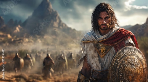 A powerful warrior stands in a desert landscape his army advancing behind him  Ideal for video game promotion fantasy art or historical fiction