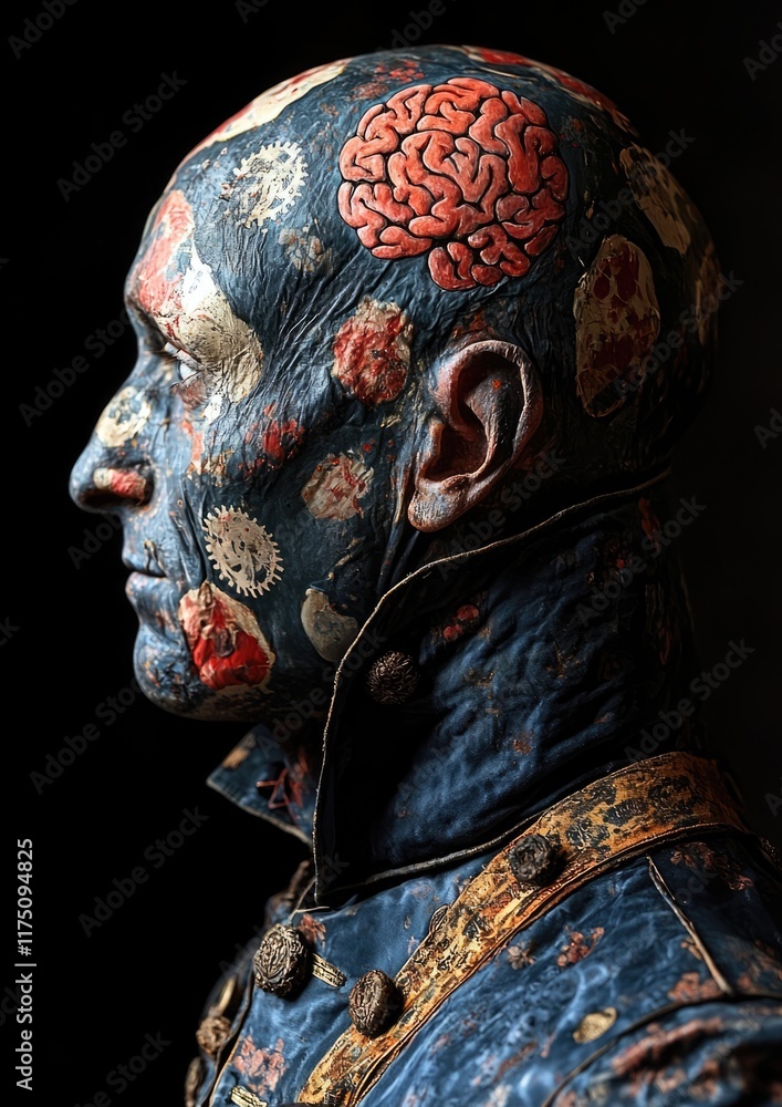 A profile portrait of a man with intricate body paint resembling a brain and gears wearing a dark ornate jacket Ideal for Halloween fantasy or surreal art projects A profile portrait of a man with intricate body paint resembling a brain and gears wearing a dark ornate jacket Ideal for Halloween fantasy or surreal art projects