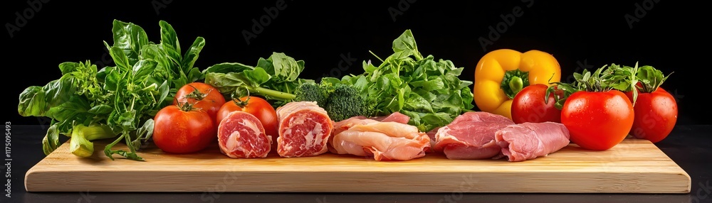 Fresh Ingredients Displayed on Wooden Cutting Board with Vibrant Vegetables and Meats Fresh Ingredients Displayed on Wooden Cutting Board with Vibrant Vegetables and Meats