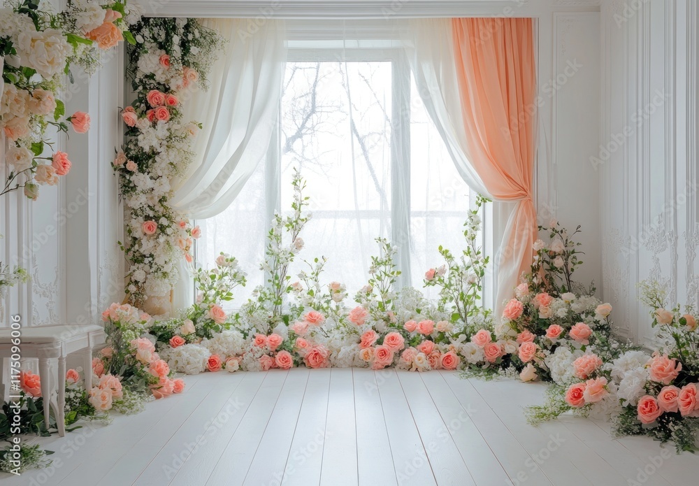 Floral window setting with peach and white roses. Floral window setting with peach and white roses.