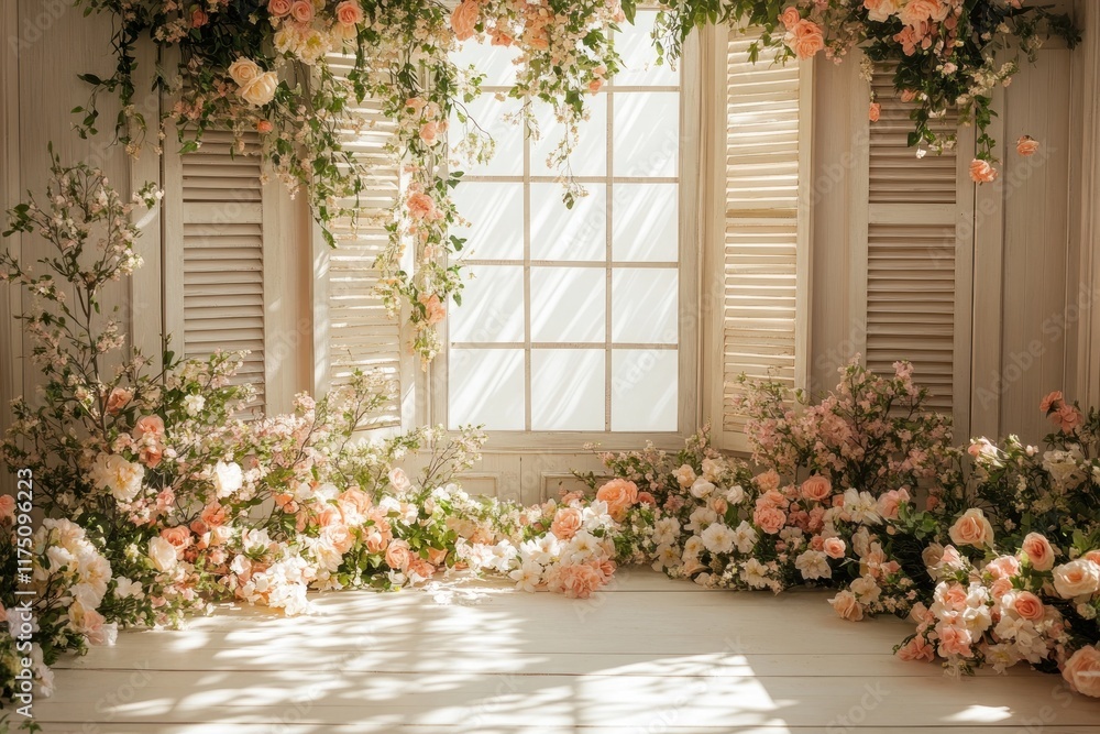Floral window, sunlight, pastel roses, spring, interior. Floral window, sunlight, pastel roses, spring, interior.