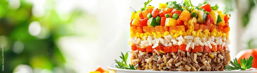 Colorful Layered Food Dish with Rice and Vegetables on Bright Background Colorful Layered Food Dish with Rice and Vegetables on Bright Background