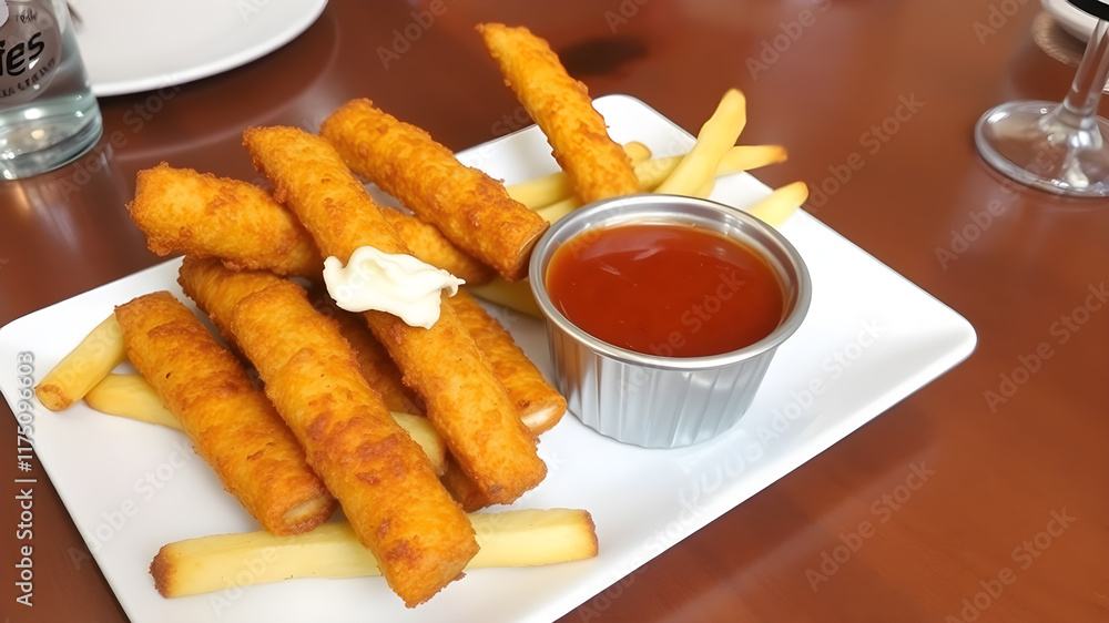 Crispy Halloumi cheese sticks Fries with Chili sauce for dipping. Generative AI Crispy Halloumi cheese sticks Fries with Chili sauce for dipping. Generative AI
