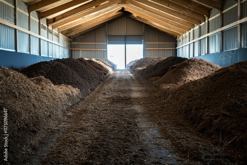 Large compost piles in a barn-like structure.