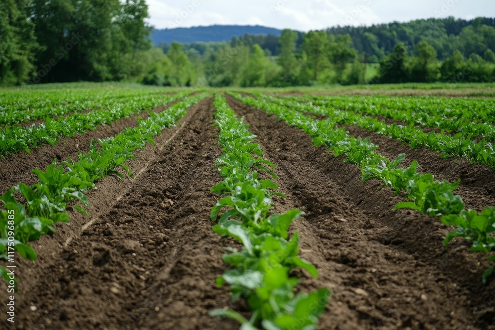 Rows of young plants in cultivated field. Rows of young plants in cultivated field.