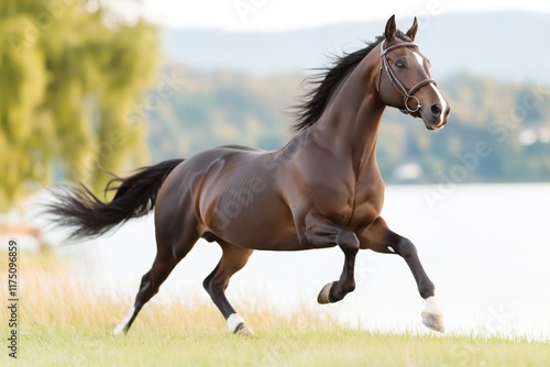 Arabian horse trots along the shore at sunset over the bay in Tasmania, Australia photo