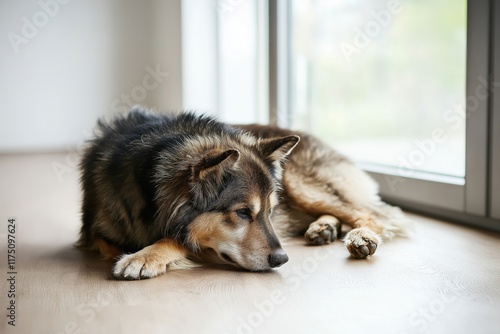 Curious Harrier mix dog watches neighborhood from window in funny and relaxed position photo