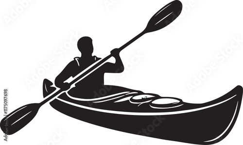 A strong, bold silhouette of a person kayaking.