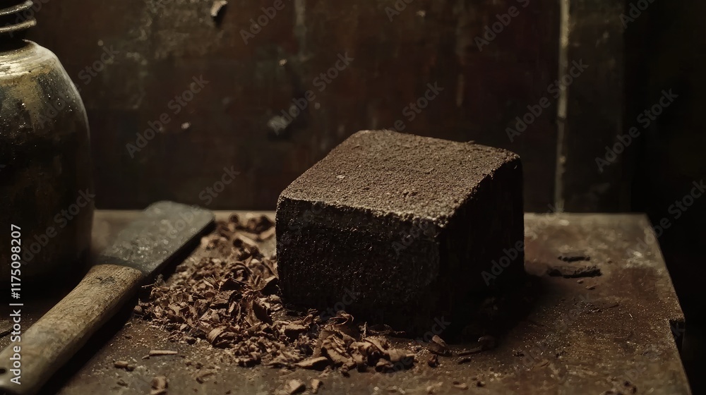 Dark Brown Cube Rests On A Dusty Work Surface Dark Brown Cube Rests On A Dusty Work Surface