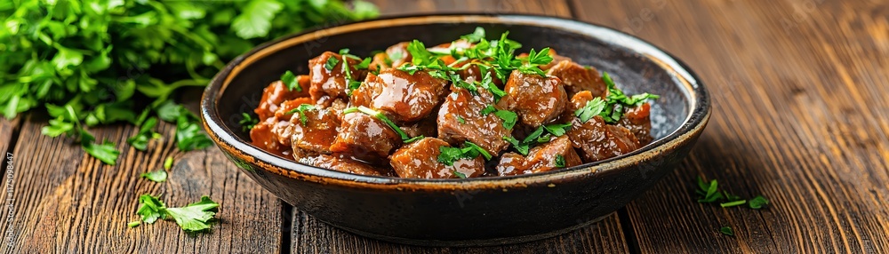 Tender Beef Stew with Fresh Herbs Served in a Rustic Bowl on a Wooden Table Tender Beef Stew with Fresh Herbs Served in a Rustic Bowl on a Wooden Table