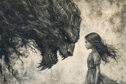 A brave girl confronts a fearsome creature in dark fantasy artwork of courage and mystery photo