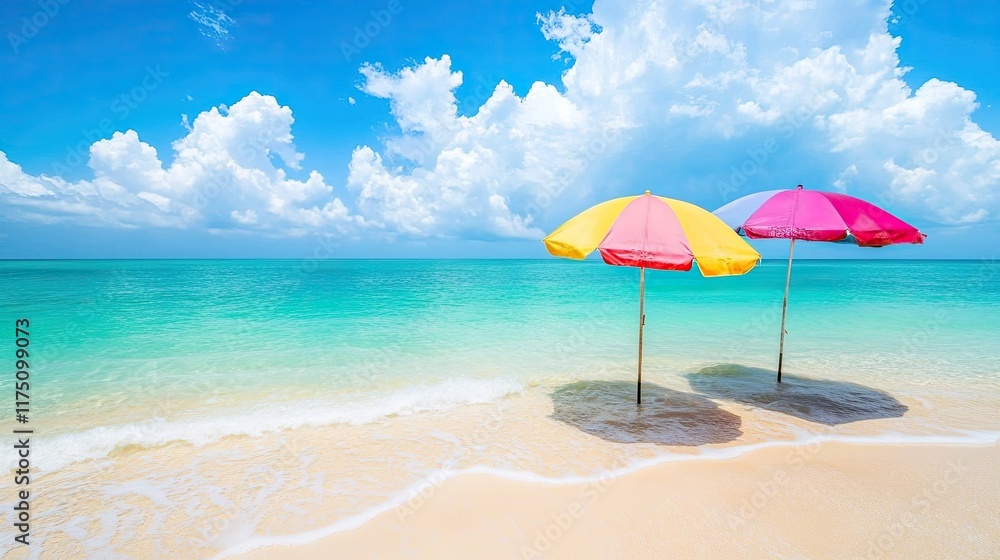 Colorful Umbrellas on a Tranquil Beach Scene Colorful Umbrellas on a Tranquil Beach Scene