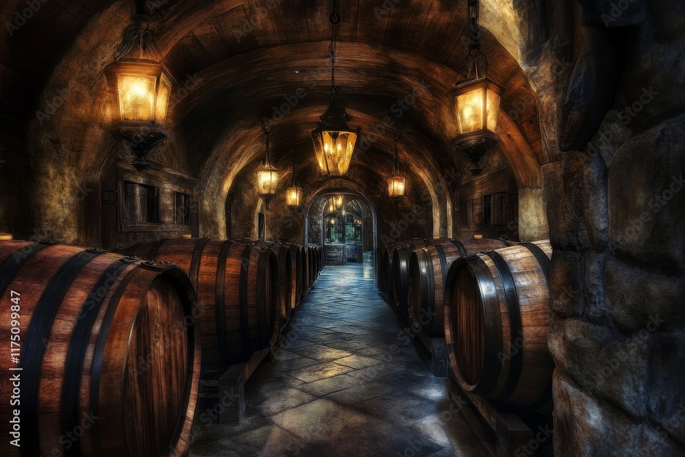 Fototapeta premium Rustic Wine Cellar with Wooden Barrels