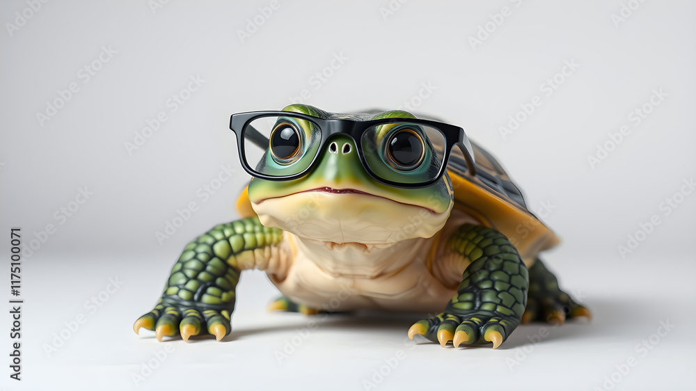 Cute little green turtle with glasses in front of studio background. Generative AI Cute little green turtle with glasses in front of studio background. Generative AI