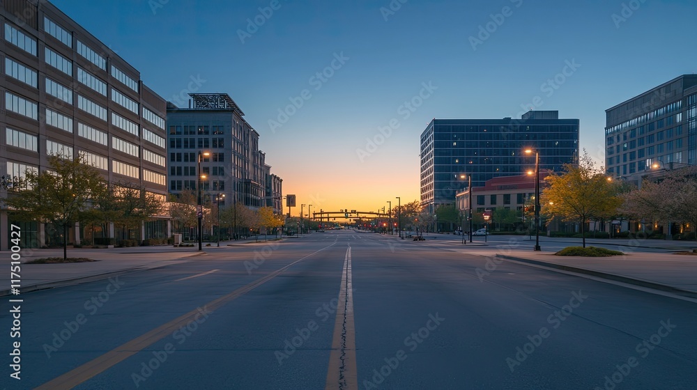 Empty city street at sunrise modern buildings cityscape Empty city street at sunrise modern buildings cityscape