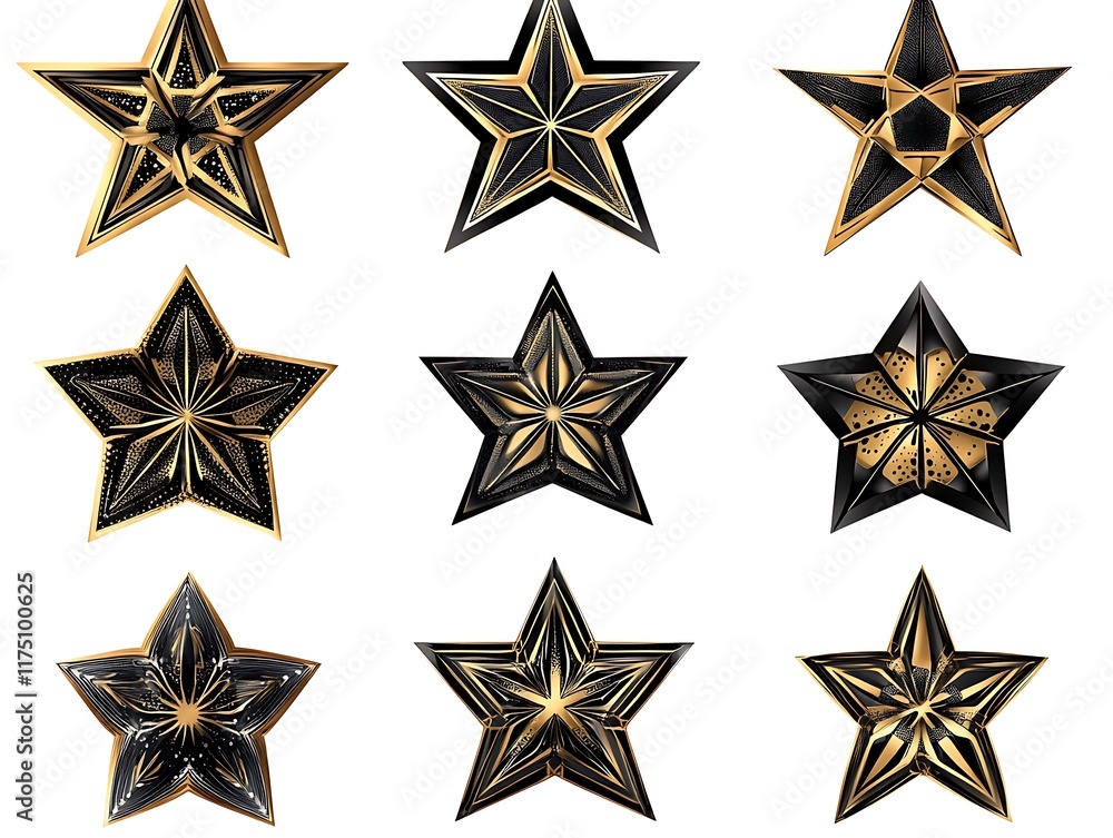 Obraz premium Abstract Star Icon Set Featuring Black and Gold Designs with Modern, Elegant, and Luxurious Styles for Branding, Decorations, and Digital Projects