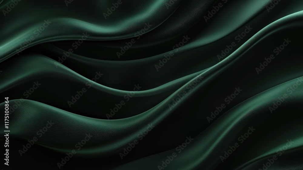 Obraz premium Dark green satin silk background with wavy folds and a smooth, shiny texture, creating a luxurious space for text in a wide, flat lay design