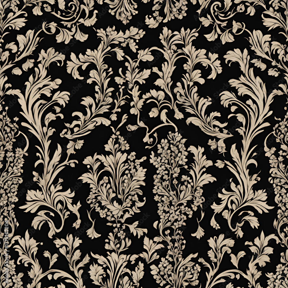 A luxurious black and beige damask pattern featuring intricate floral designs, perfect for elegant textiles, wallpapers, and sophisticated interior decor. A luxurious black and beige damask pattern featuring intricate floral designs, perfect for elegant textiles, wallpapers, and sophisticated interior decor.