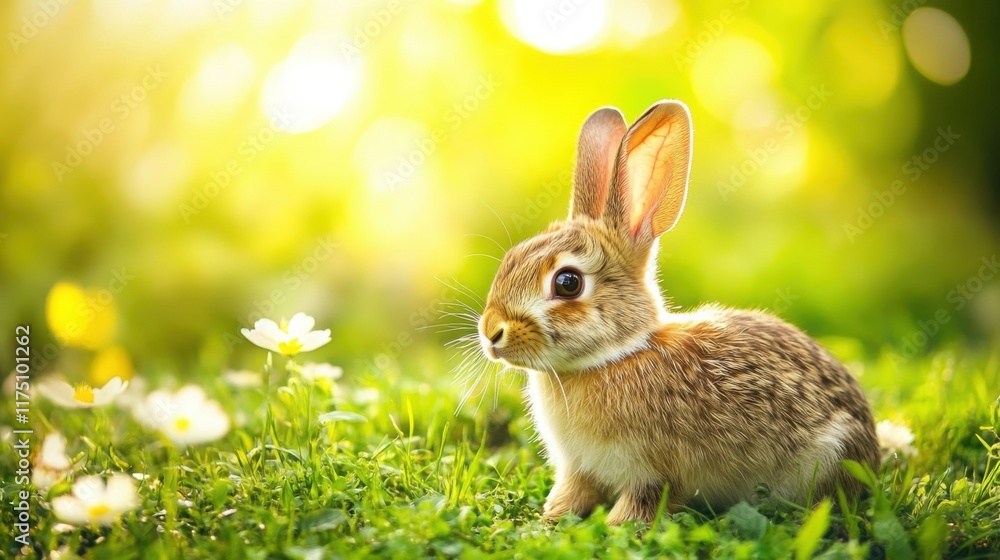 Adorable bunny sitting on green grass surrounded by blooming flowers under warm sunlight, creating a serene and joyful scene. Copy space Adorable bunny sitting on green grass surrounded by blooming flowers under warm sunlight, creating a serene and joyful scene. Copy space