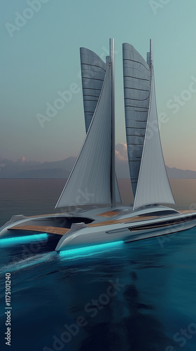 Futuristic luxury yacht with dual sails on calm ocean waters photo