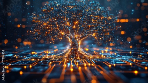 A glowing tree made of digital circuits symbolizes the fusion of nature and technology in a vibrant, futuristic setting.