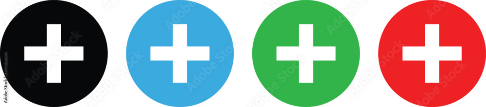 Obraz premium blue, green and red and black plus mark icon set. Add icon set vector 