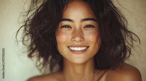 Portrait of a Smiling Woman with Freckles and Dark Hair photo