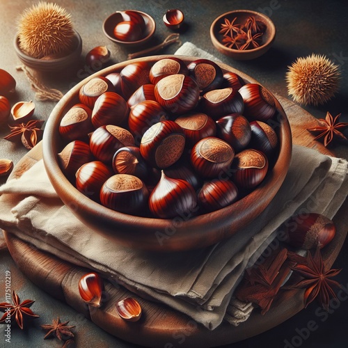 2 Roasted Chestnuts A bowl of roasted chestnuts their shells cra photo