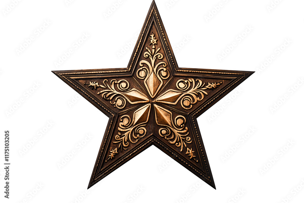 Fototapeta premium Star shaped wooden frame with festive patterns. Isolated on transparent or white background cut out