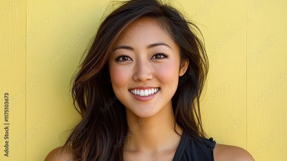 A Young Woman Smiling Against A Yellow Wall A Young Woman Smiling Against A Yellow Wall