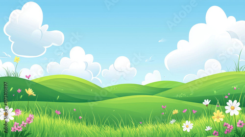 calming landscape of rolling hills with soft grass and flowers
