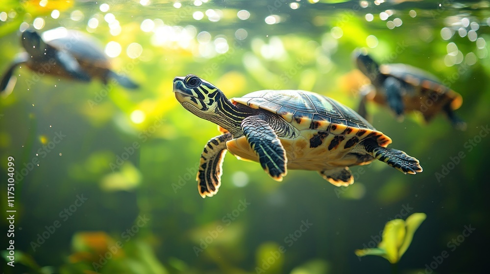 Obraz premium A serene underwater scene featuring turtles swimming amidst lush aquatic vegetation.