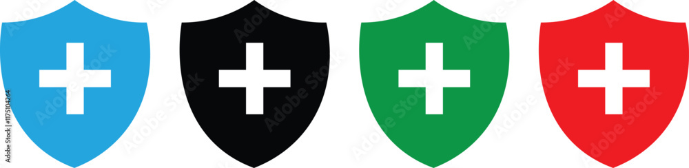 Fototapeta premium Shield with cross icon set. safety health shield vector illustration.