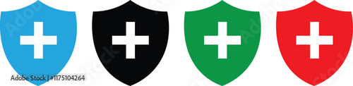 Shield with cross icon set. safety health shield vector illustration.